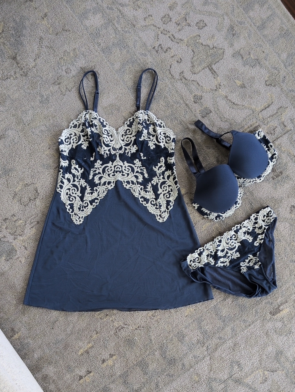 Wacoal Blue Chemise Set with Cream Lace Trim